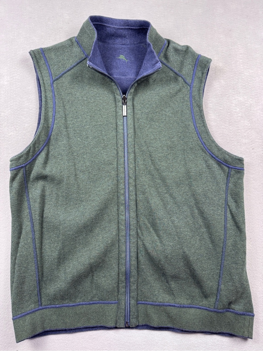 Tommy Bahama Men’s Large Full Zip Vest Sleeveless Green & Navy Reversible Fall